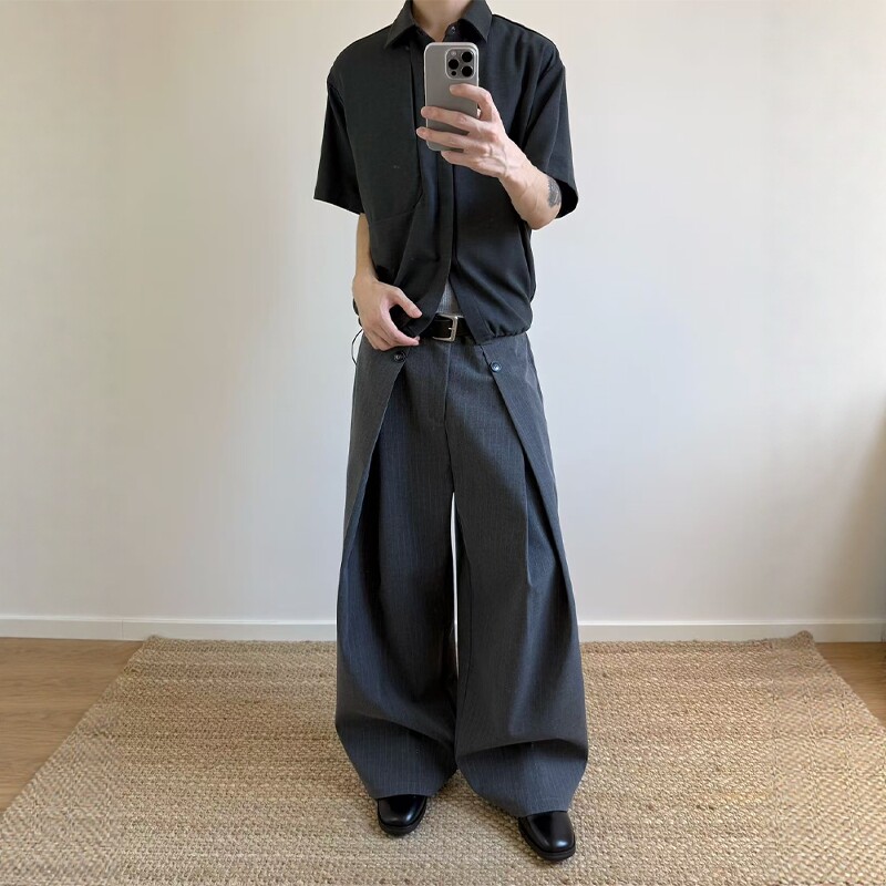 立体条纹A字廓形弯刀西裤男美式复古宽松简约通勤垂感休闲直筒裤