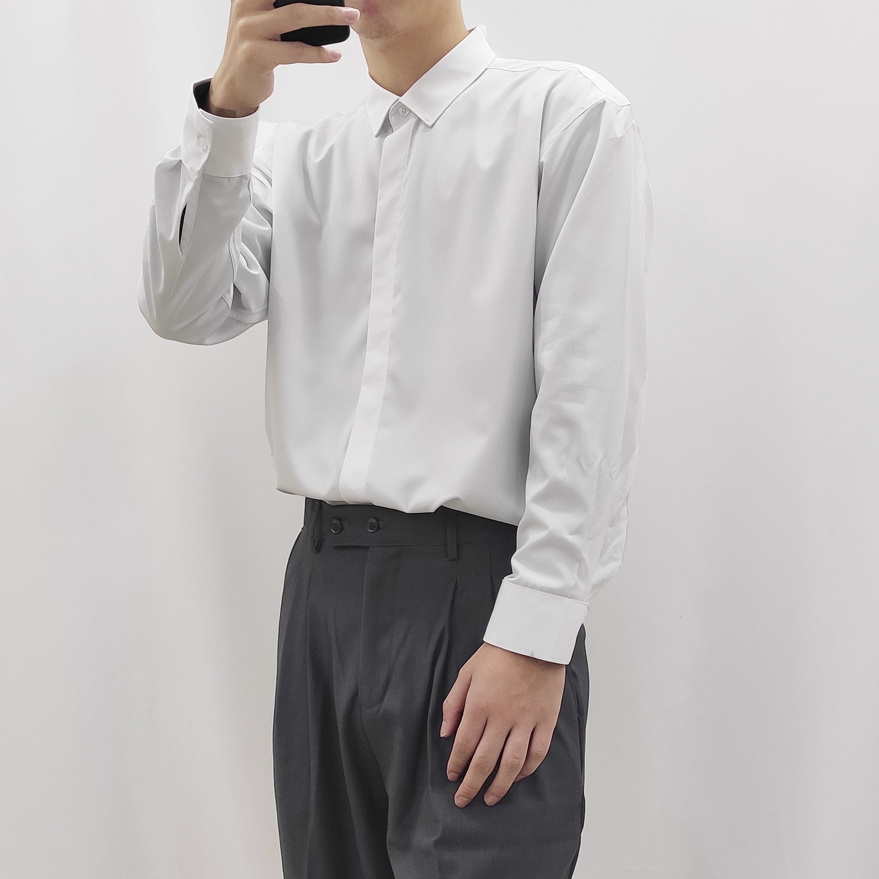 高级垂感深灰色男衬衫长袖抗皱