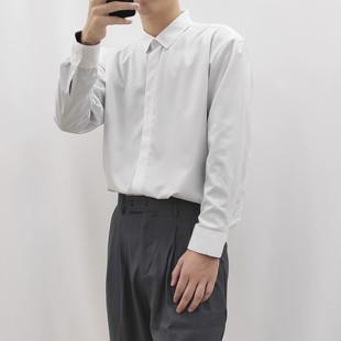 高级垂感深灰色男衬衫长袖抗皱薄款宽松痞帅雪纺商务通勤休闲免烫