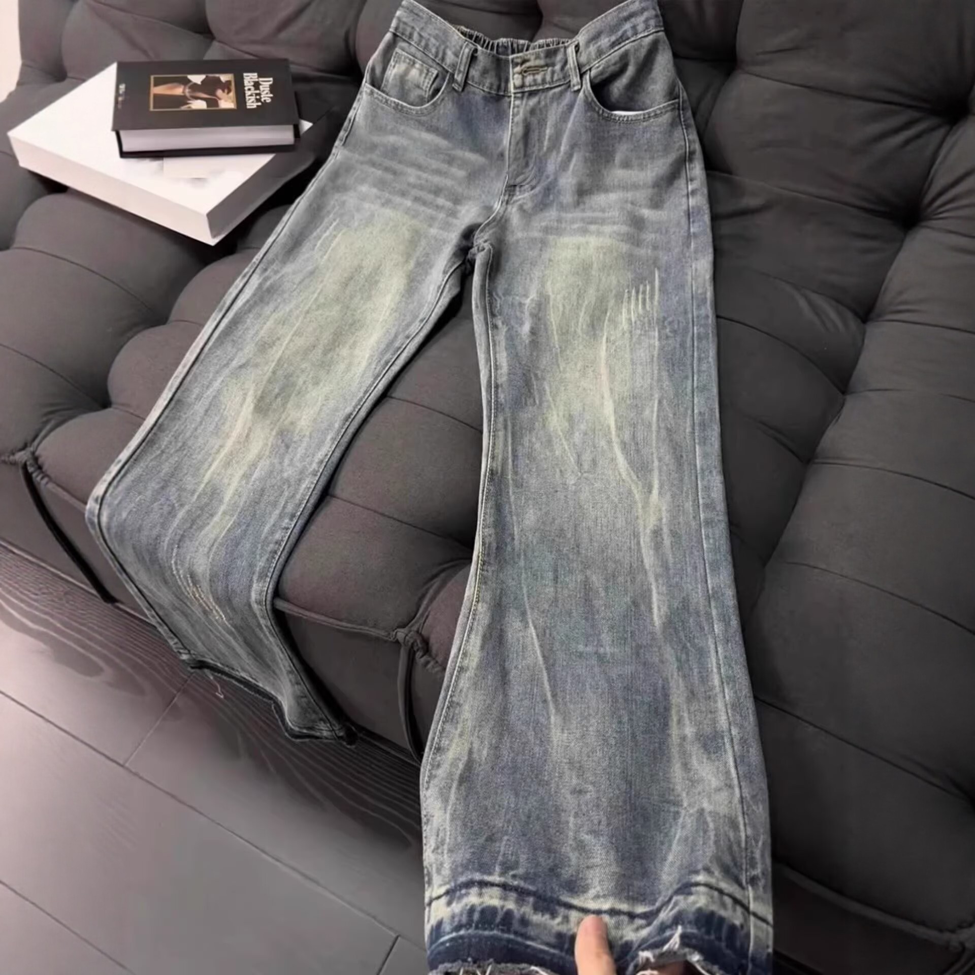 美式高街vibe裤子蓝色爪痕闪电纹牛仔裤男款cleanfit直筒微喇长裤