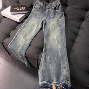 美式高街vibe裤子蓝色爪痕闪电纹牛仔裤男款cleanfit直筒微喇长裤