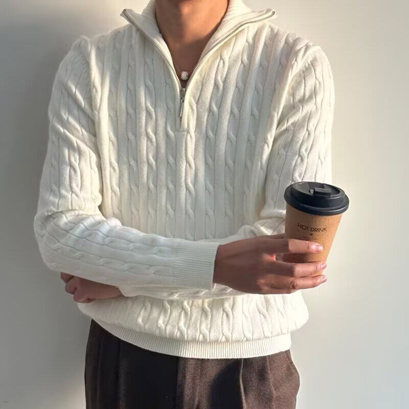 半高领拉链毛衣男宽松套头麻花