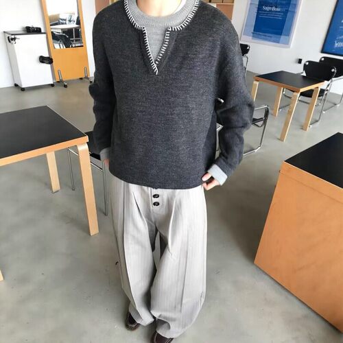 日系复古假两件手缝线撞色毛衣男
