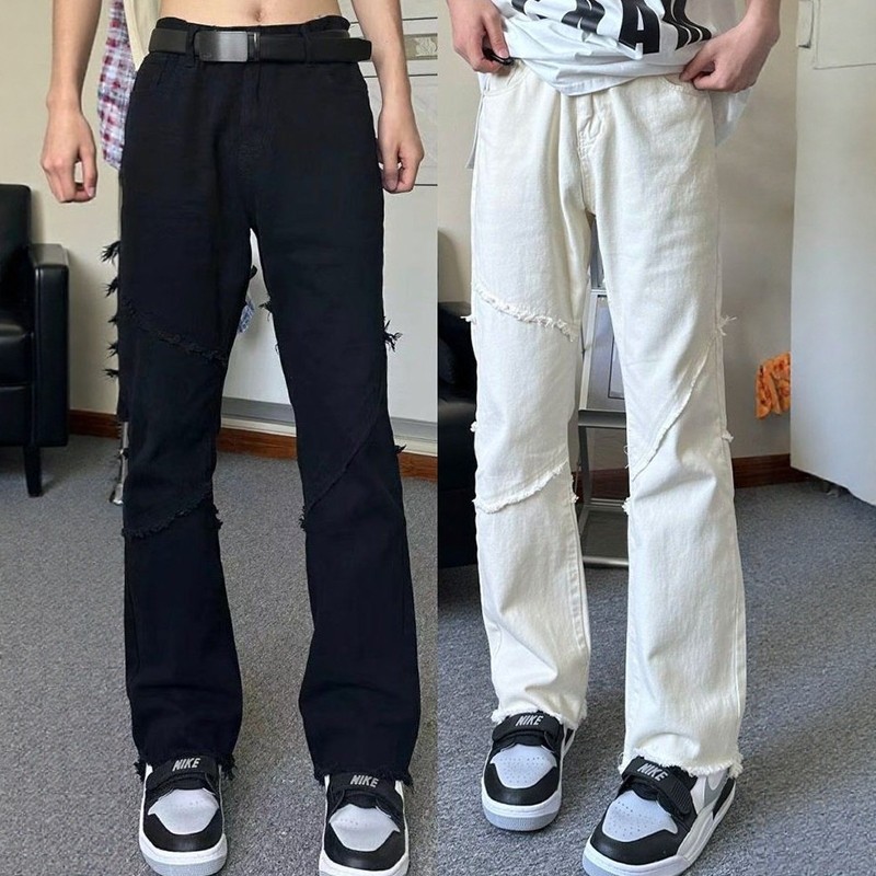 美式街头vibe裤子潮高街男重磅黑色微喇牛仔裤男毛边修身直筒裤男