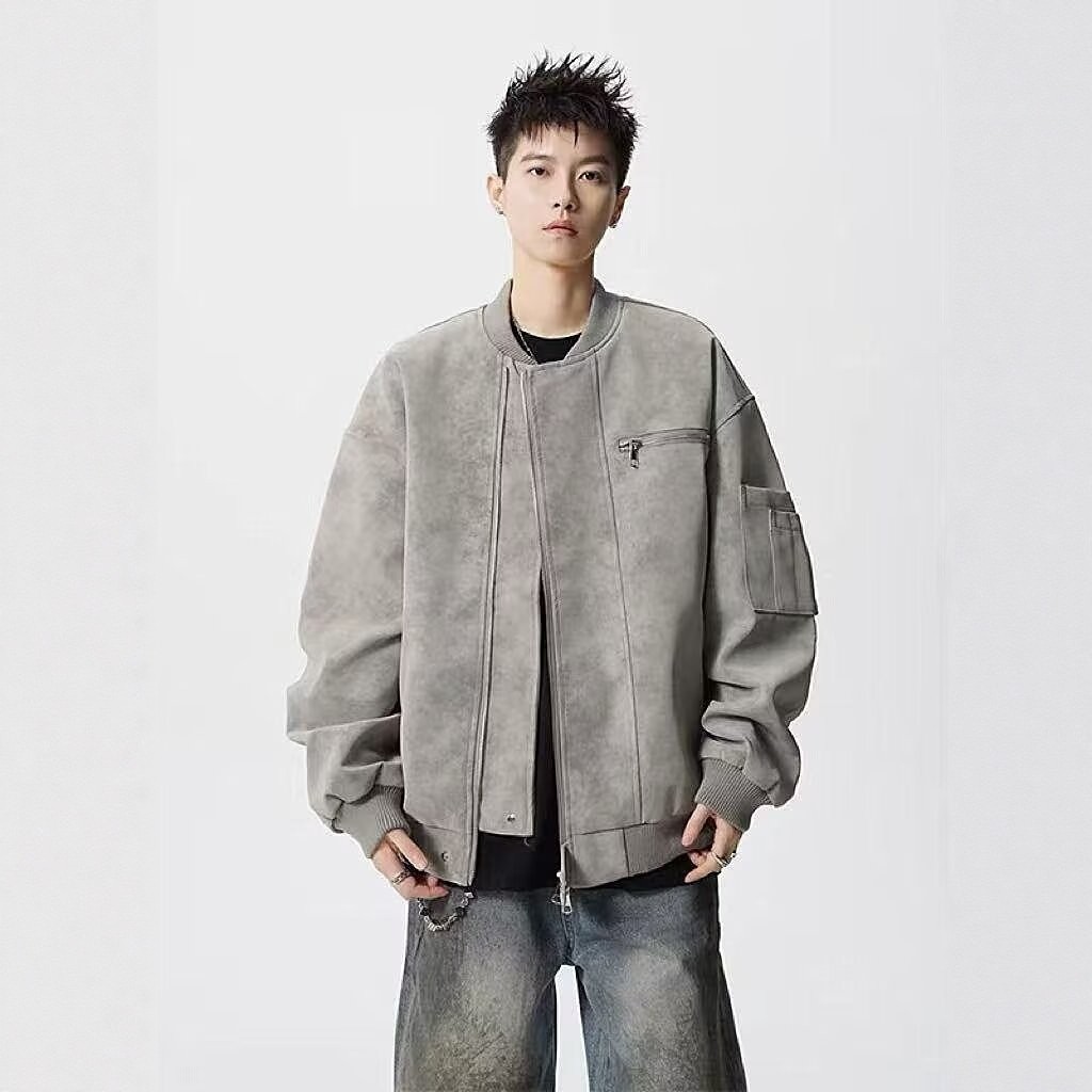 cleanfit灰色解构扎染pu皮夹克男春季美式复古潮牌立领棒球服外套