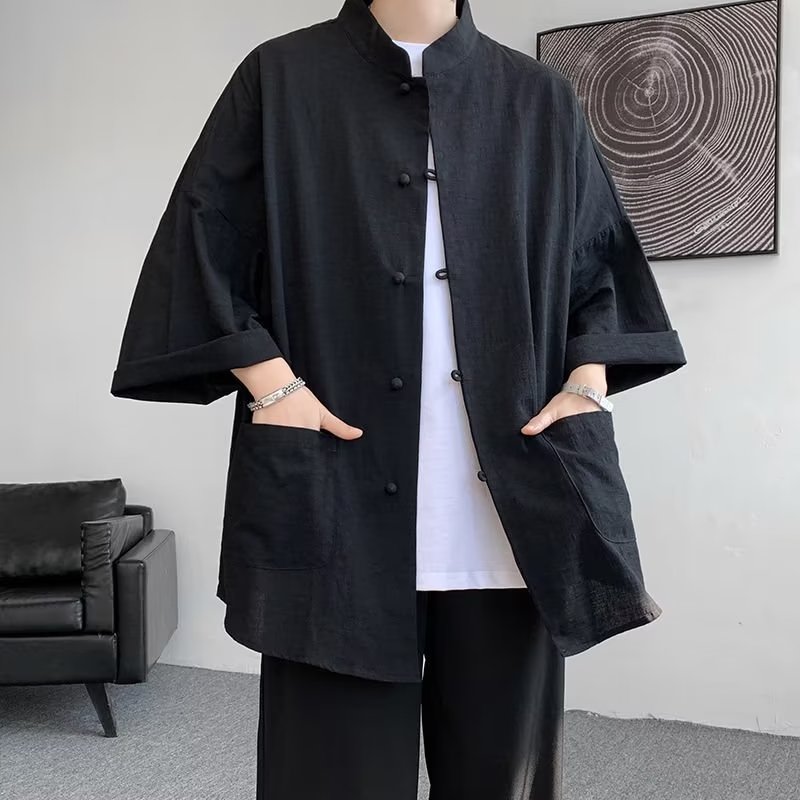 新中式盘扣亚麻短袖衬衫男夏季