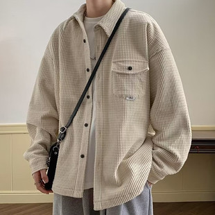 米白色灯芯绒衬衫式夹克外套男冬季加厚高级感冬装oversize潮