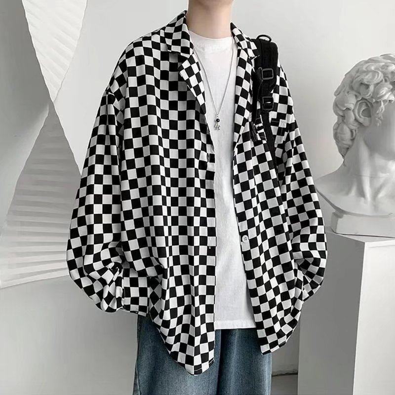 格子衬衫男夏季冰丝薄款潮牌ins个性港风棋盘格外套痞帅长袖衬衣