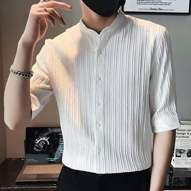 轻奢冰丝雅痞衬衫男士短袖高级感男装潮牌夏季薄款七分中袖衬衣衫