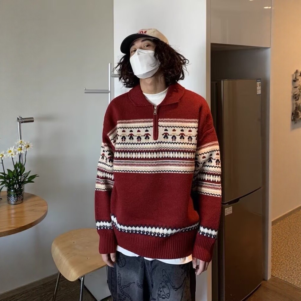 美式复古费尔岛红色新年针织衫男慵懒风宽松翻领套头半拉链毛衣