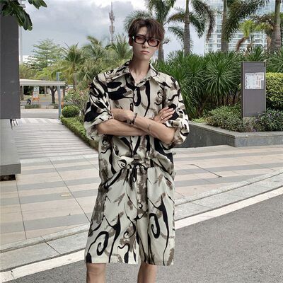 冰丝速干衬衫短裤套装男薄款潮牌