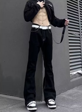 美式高街vibe微喇ro飘带无弹修身设计感黑色牛仔裤男女款长裤子潮