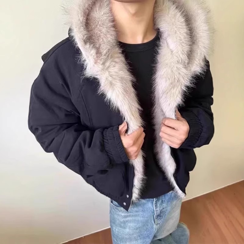 黑色座山雕毛领连帽棉服男秋冬款