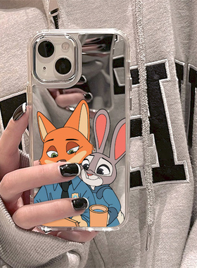 ins风可爱卡通情侣尼克和朱迪苹果16ProMax手机壳iPhone15PLUS镜面14补妆镜13少女男12保护套11高级感xsmax新