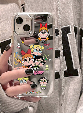 ins风可爱卡通飞天小女警苹果16ProMax手机壳iPhone15PLUS镜面14补妆镜13少女男12保护套11高级感xsmax日韩潮