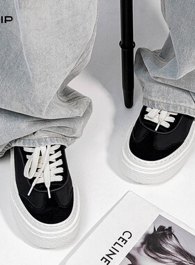 YNIP新款板鞋休闲鞋牛反绒透气潮鞋黑白色男鞋百搭鞋子低帮系带