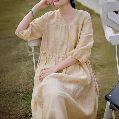 2025春夏进口麻酵素洗连衣裙V领抽褶亚麻中长款大摆裙子