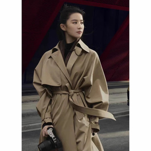 禾家露珠系列明星刘亦菲同款2025年春秋丝羊毛精纺风衣外套女长款