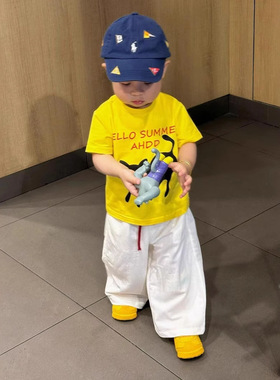 韩国童装2025夏季新款黄色卡通猫咪纯棉短袖T恤男女童白色阔腿裤