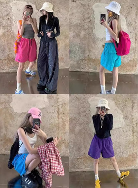 多巴胺运动休闲裤女夏季粉色速干裤五分裤海边沙滩阔腿裤短裤裤子