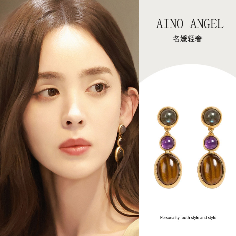 韩国aino angel古力娜扎同款耳环女2024新款天然虎眼石吊坠耳饰