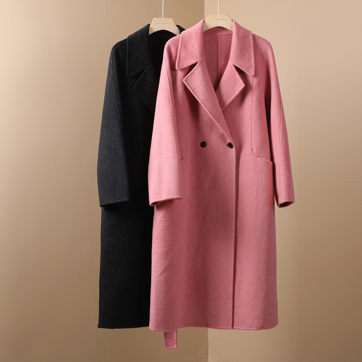 时尚设计感翻领双面羊绒大衣女