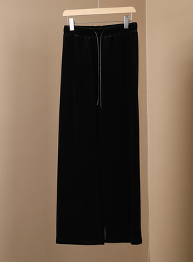 2025新款极简风黑色松紧腰丝绒直筒裤女系带休闲裤垂坠感显瘦长裤