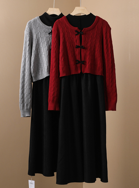 2025秋冬新款时尚设计感蝴蝶结针织衫＋高级纯色气质连衣裙两件套