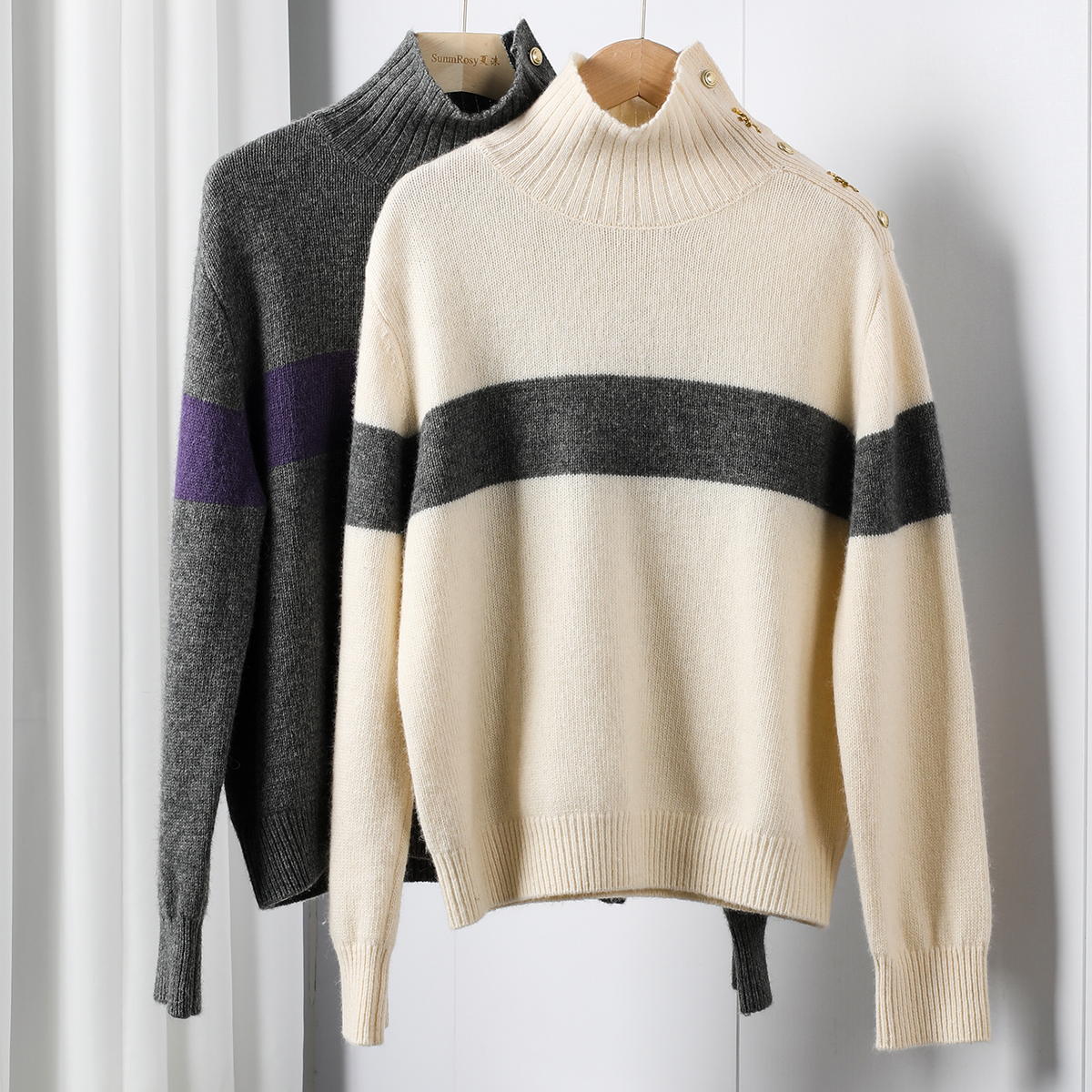 高领慵懒风宽松纽扣时尚高领毛衣