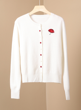 欧货高品质休闲白色圆领刺绣开衫女长袖撞色单排扣100%绵羊毛上衣