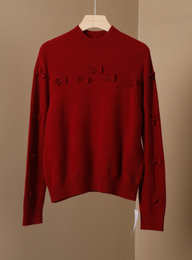 2025冬季年款红色半高领蝴蝶结装饰针织衫女时尚漂亮气质毛衣打底