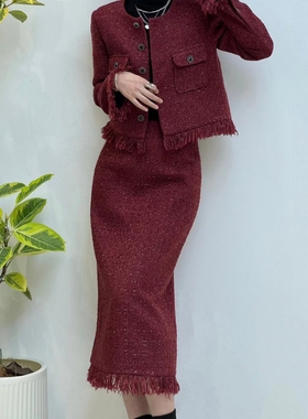 2025年春季新款法式圆领毛边外套半身裙气质通勤名媛小香风套装女