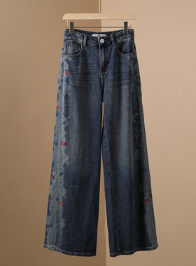 2025秋季新款欧货时尚设计感复古刺绣花朵直筒牛仔裤女高腰阔腿裤