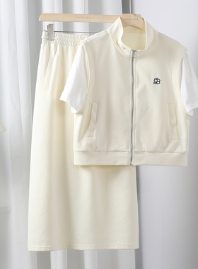 2025夏季新款时尚拼接袖口假两件短袖+系带半身裙两件套女套装潮