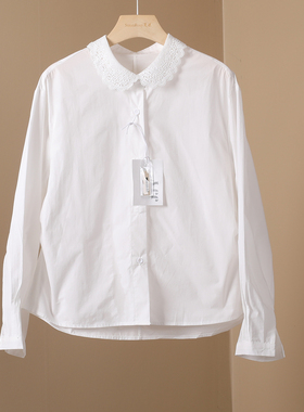 2026春季新款韩系通勤白色蕾丝polo领衬衫女纯棉长袖百搭打褶衬衣