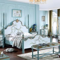 奢华宫廷公主床美式实木床田园风地中海彩绘双人床蓝色1.8米1.5米