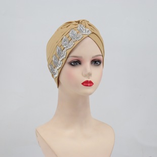 头巾帽月子帽演出帽女士侧边镶钻纯色帽头交叉打结橄榄帽包头帽子