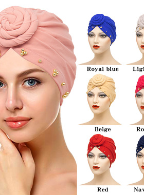 跨境新款头套 速卖通热卖钉珠盘花打底帽头巾女auto gele