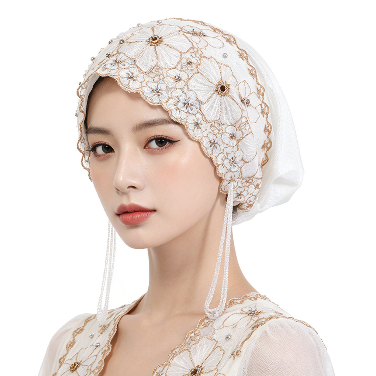 纯手工串珠鱼尾流苏纱巾帽洋气刺绣休闲舒适款时尚百搭演出帽cap