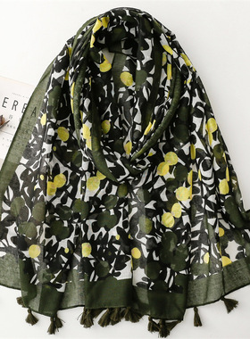 国风民族风棉麻手感围巾巴厘纱薄款流苏丝巾绿色枇杷植物防晒披肩