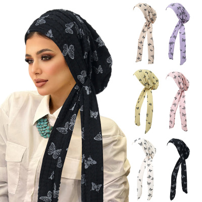 turban蝴蝶印花褶皱包头巾女士日常外戴套头帽长尾绑带帽子women