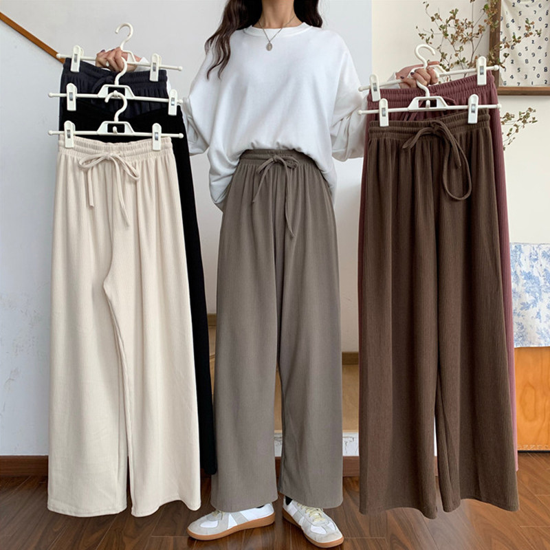 150小个子九分针织阔腿裤女秋冬垂感155显高穿搭坑条休闲直筒长裤