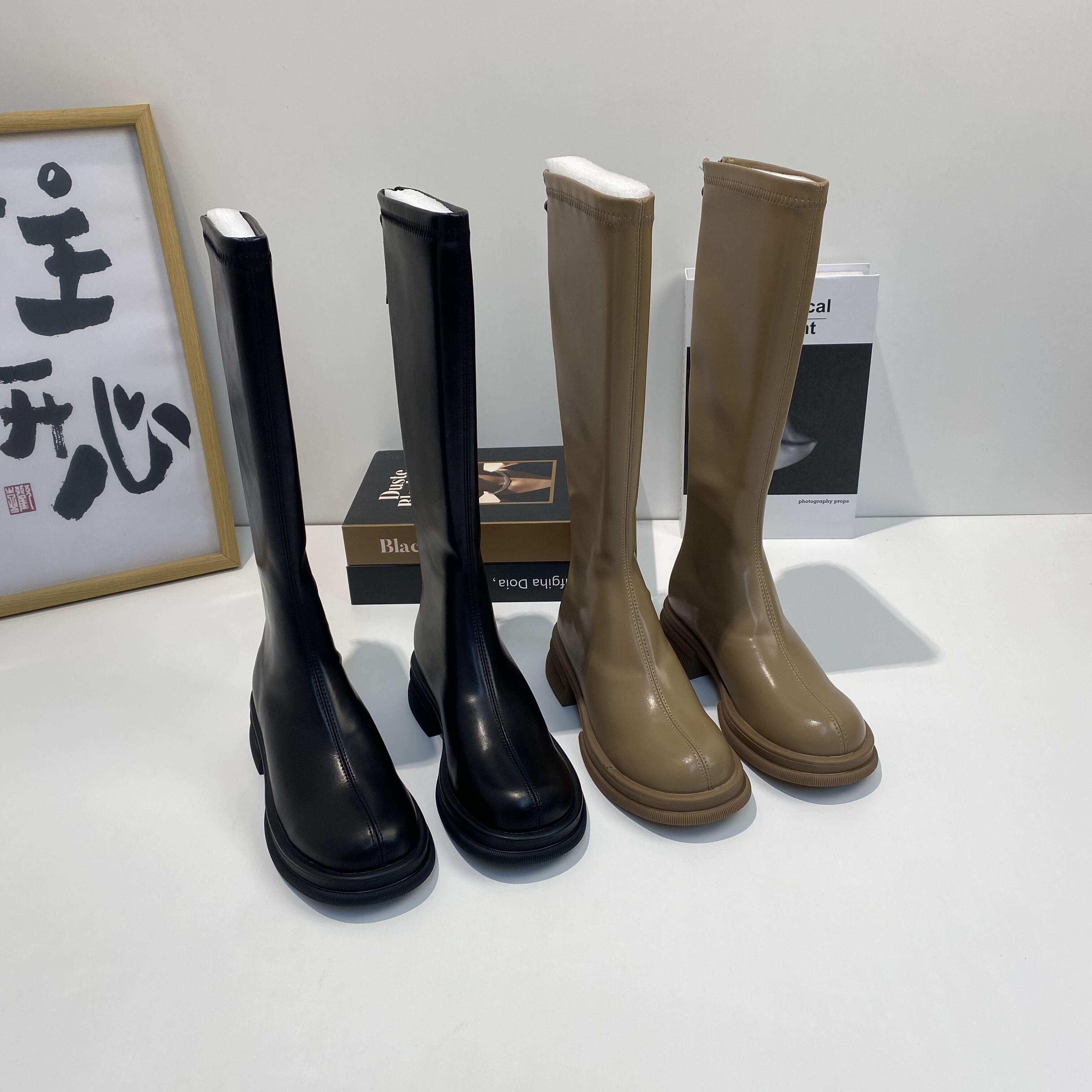 厚底长筒靴女英伦风仙女2025新款网红不过漆皮靴百搭粗跟高筒皮靴