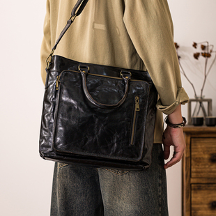 后步原创高端男士 真皮手提包大容量公文包单肩斜挎包文件电脑包潮