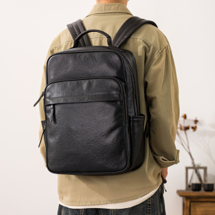 后步新款 双肩包头层牛皮大容量潮牌百搭电脑背包旅行包男 真皮男士