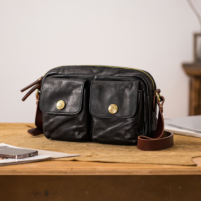 后步手工原创植鞣牛皮男士单肩斜挎包时尚休闲邮差包真皮百搭背包