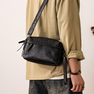 后步原创男士 真皮单肩斜挎包高级感植鞣牛皮男包小众邮差包手拿包