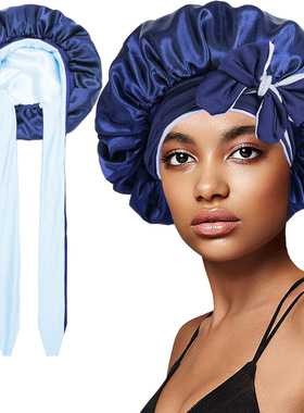 双层色丁睡帽hat双面戴圆帽蝴蝶结飘带仿真丝slik美容发帽bonnet