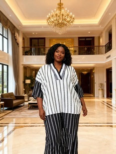 dress 非洲女装 women v领拼接African clothing长裙 竖条纹短袖