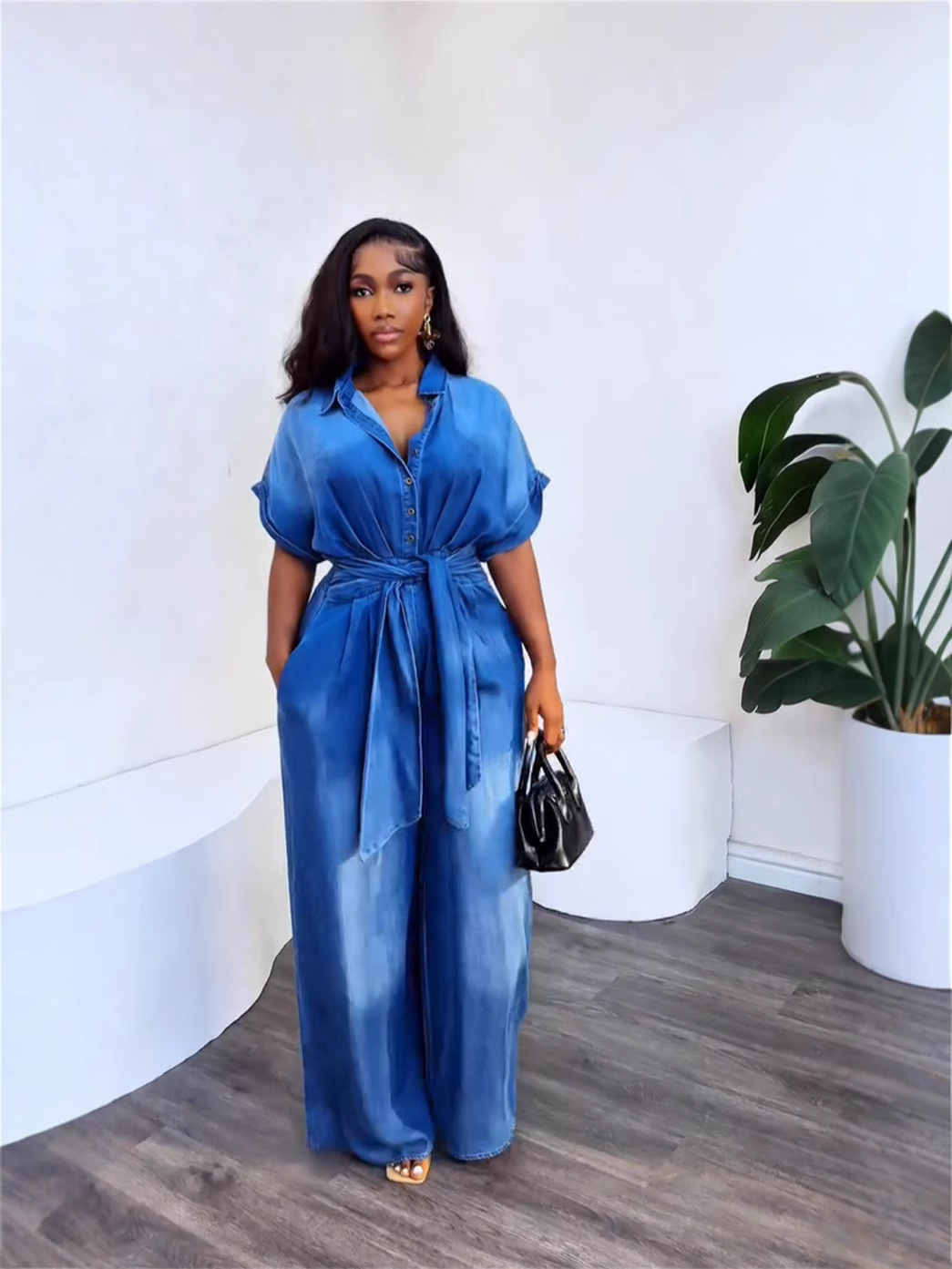 jumpsuit欧美新款时尚少女装系带翻领短袖宽松阔腿连体裤women